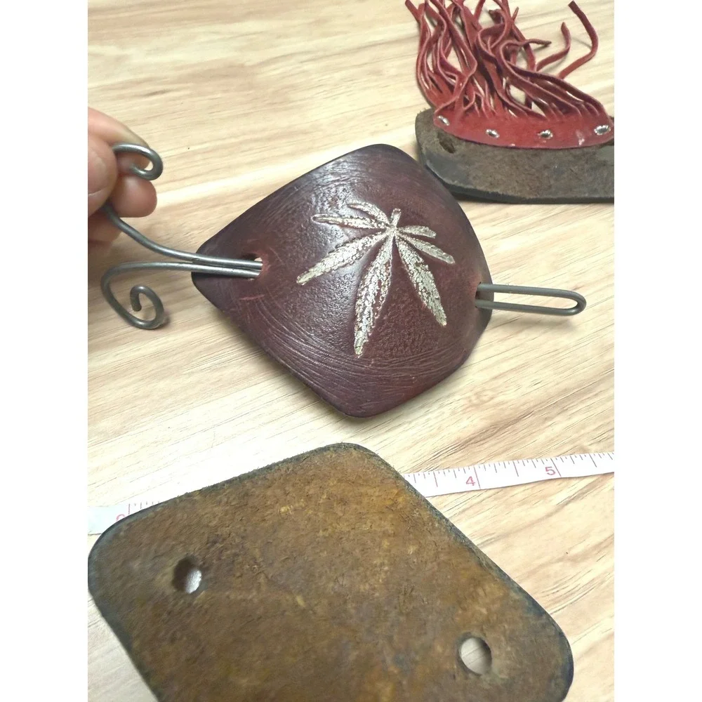Vintage Leather Hair Slide Barrette Set Fringe Boho 4pc Brown
